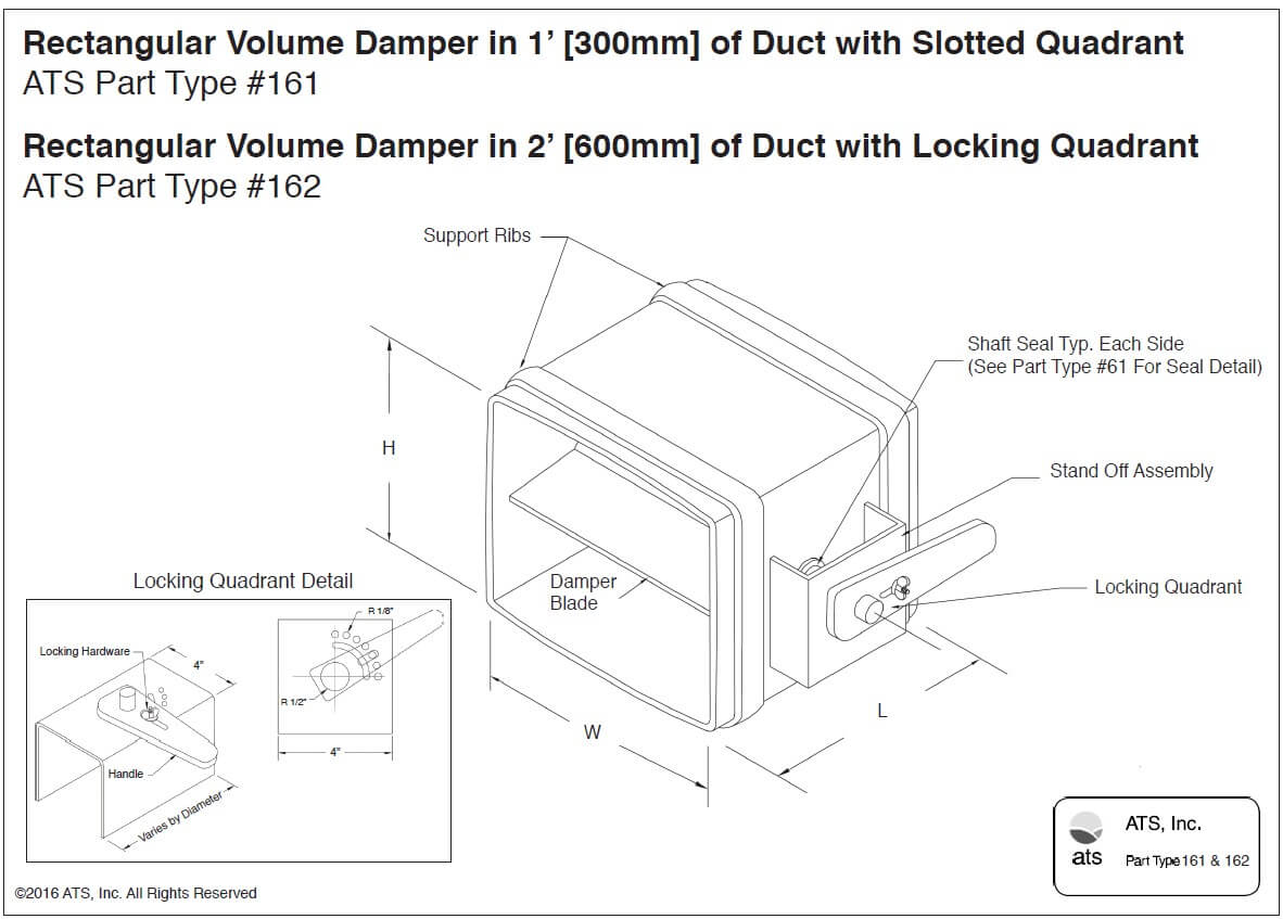 Rectangular Volume Damper in 1’ [300mm] of Duct with Slotted Quadrant